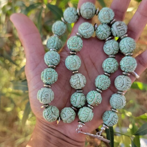 Absolutely stunning RARE Chinese natural green turquoise carved shou beads sterl - Picture 4 of 16